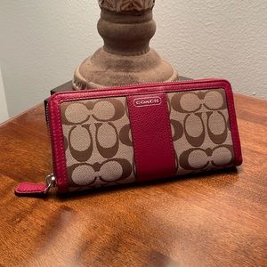 Vintage Coach Zippered Wallet, Red Leather & Tan ‘C’ Logo Fabric, Multi-Slot